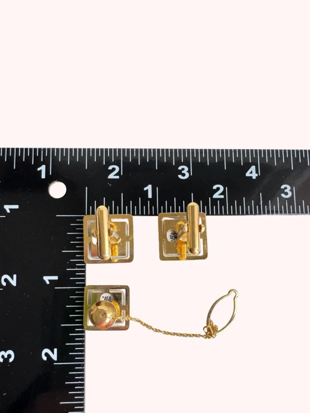 Vintage Gen Marked Cufflinks Tie Tack Blue Green Porcelain Gold Tone Square Gift